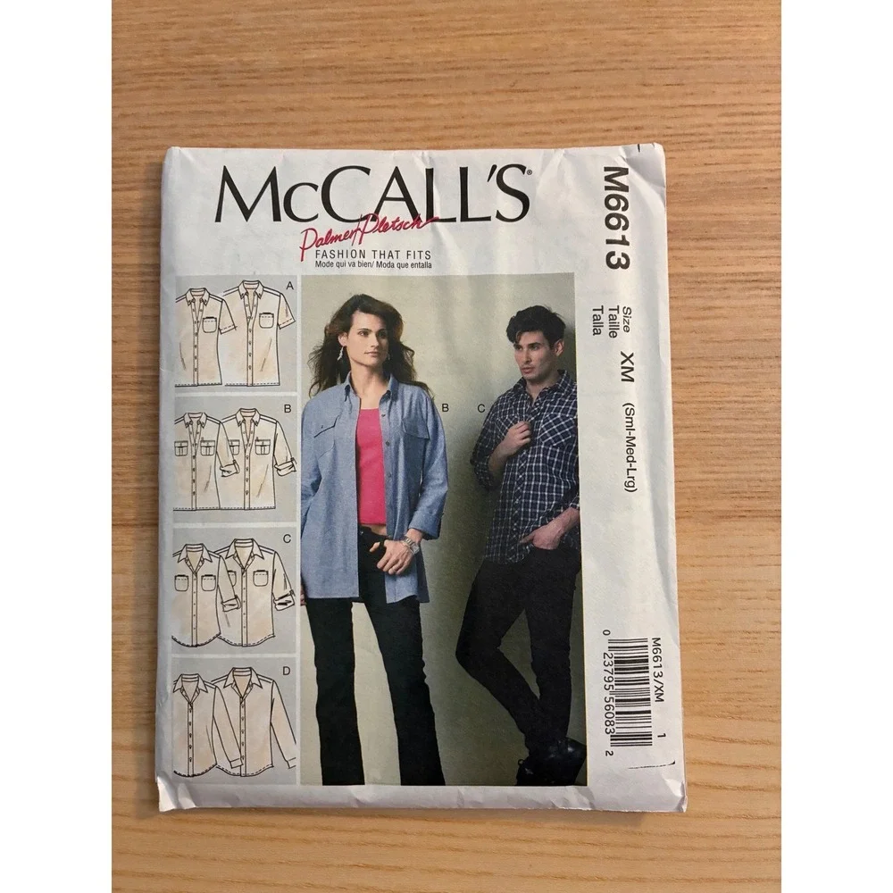 McCalls M6613 Palmer Pletsch Mens Misses Fitted Shirt Sewing Pattern Size S-M-L